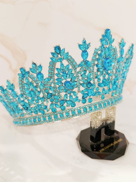 Silver Tiara Crown, ocean blue crystal crown, Royal Queen Tiara, pageant crown main image 4